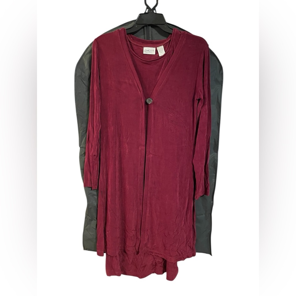 Chico’s Travelers Burgundy 2 Piece Dress & Duster Cardigan Set Size 0 with Bag